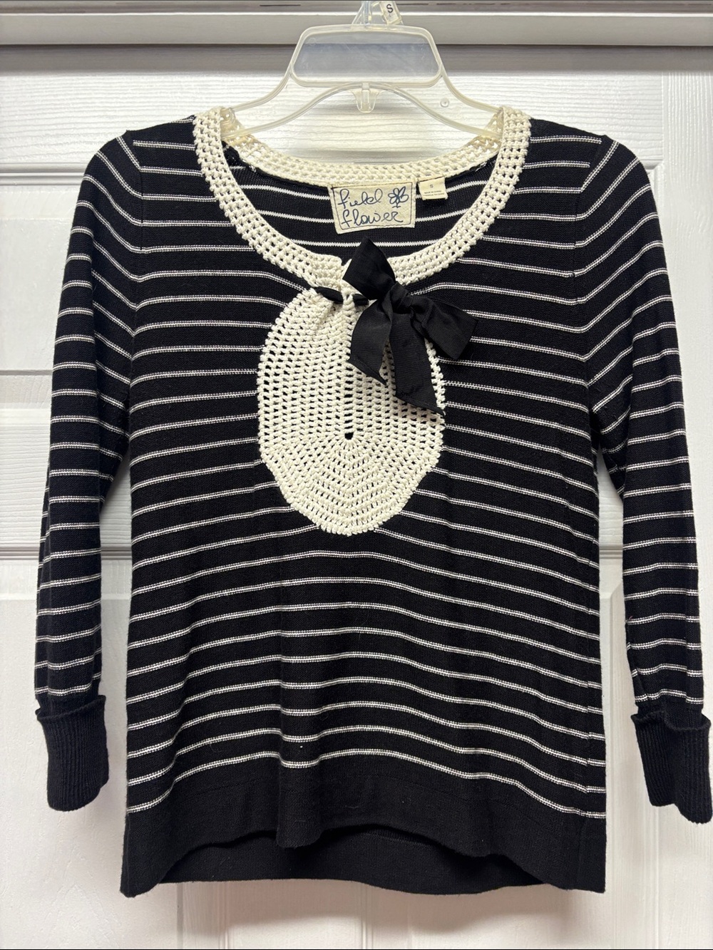Field & Flower Black & White Striped Crochet-Trim Sweater with Bow Detail Small